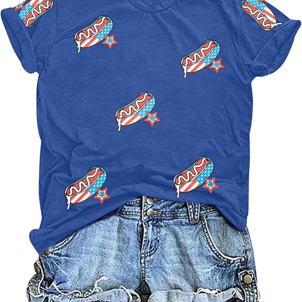 Blue Graphic T-Shirt with Hot Dog Print